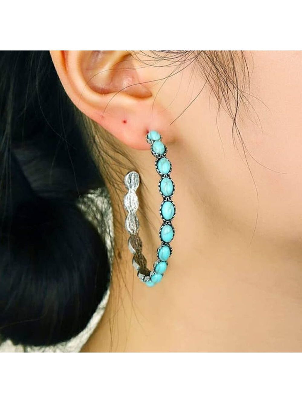 Vintage Style C-Shape Synthetic Resin Turquoise Alloy Embedded Hoop Earrings